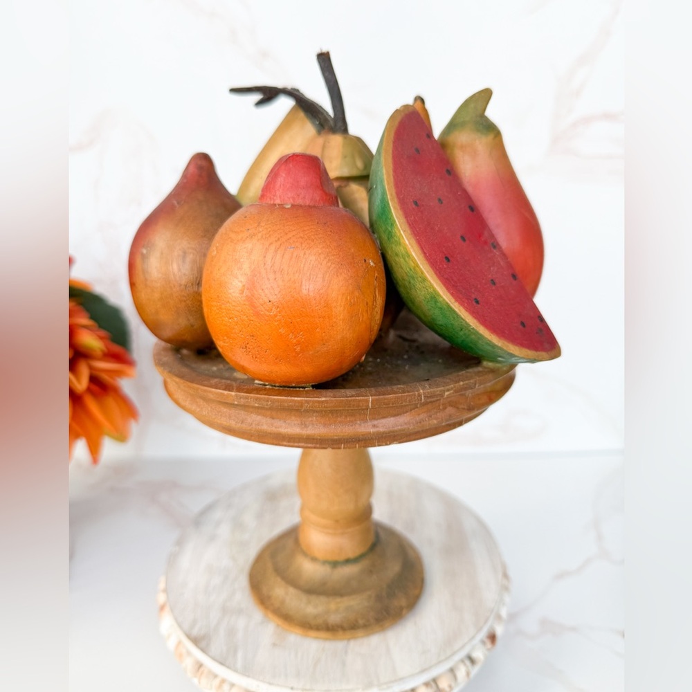 Vintage Mid-Century MCM Tiki Folk Style Wood Pedestal Carved Painted Wood Fruit